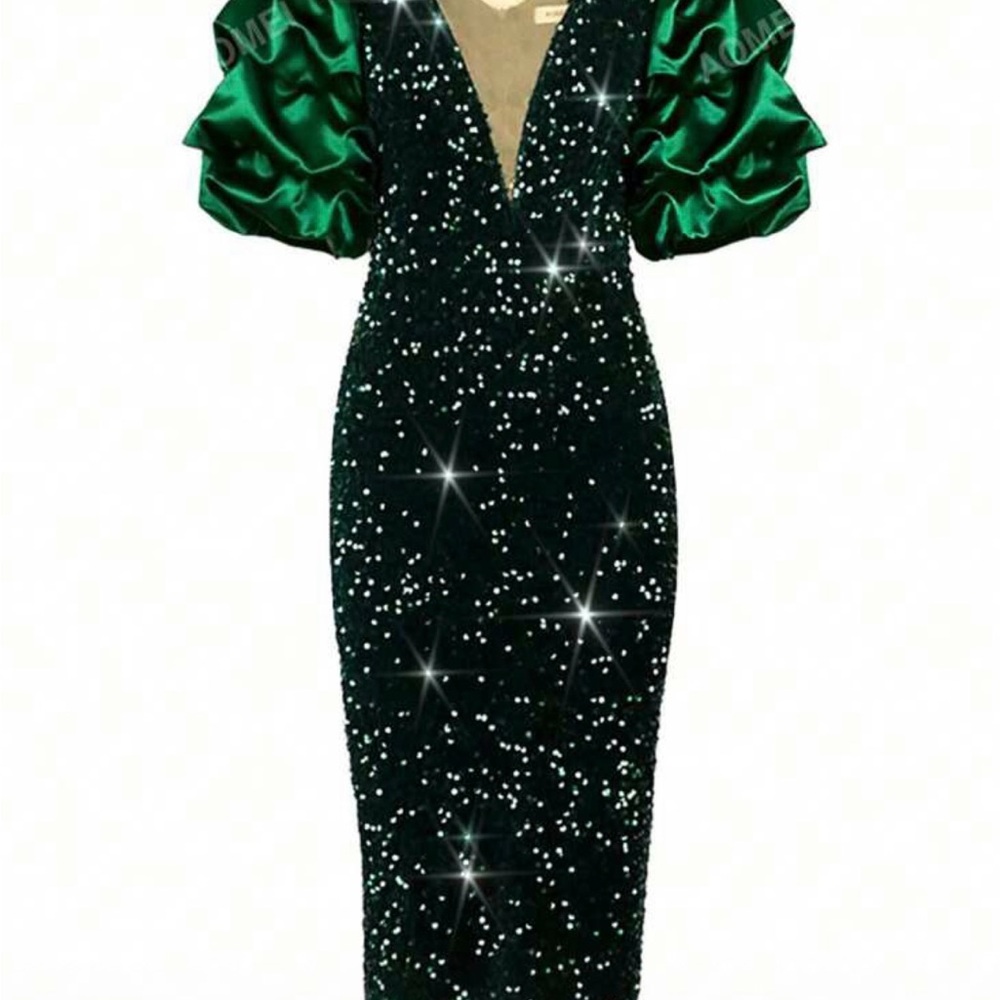 Glamorous Emerald Sequin Dress with Satin Sleeves